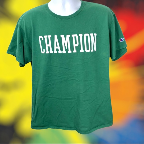 Champion Logo lettering T-Shirt Men’s X-Large Green Crew Neck Tee shirt sleeve - Picture 11 of 11